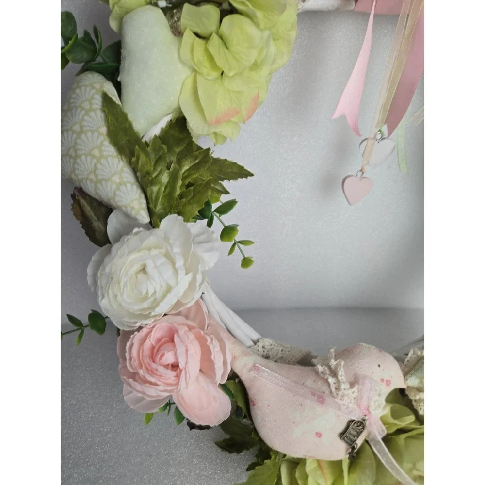 Handmade Door Wreath Love Birds Soft Pink Green Spring Time Floral Wreath 15